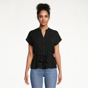 Fashion Nova solid Black Button-Up Blouse with tie front v neck short sleeve M
